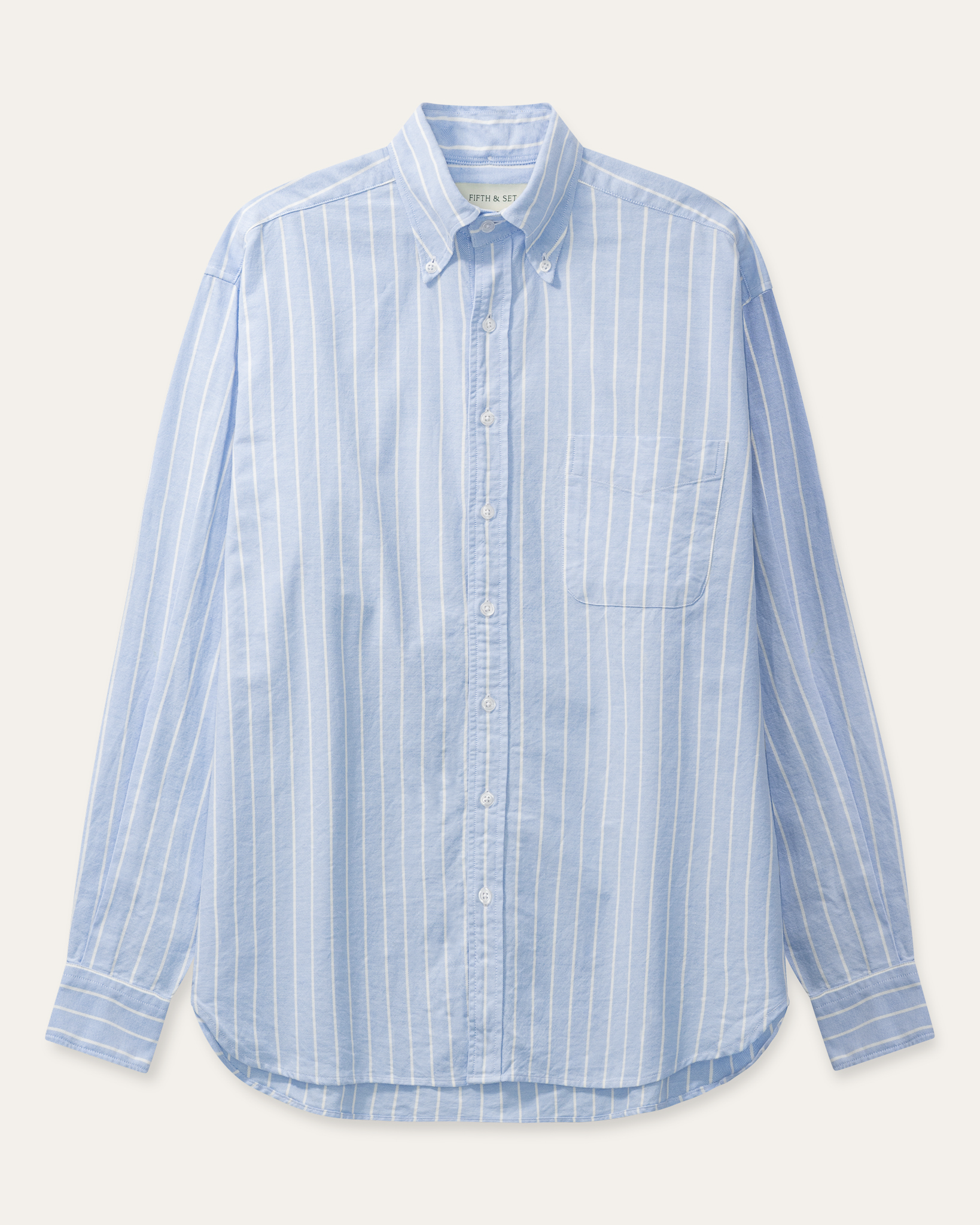 blue and white striped button down oxford shirt