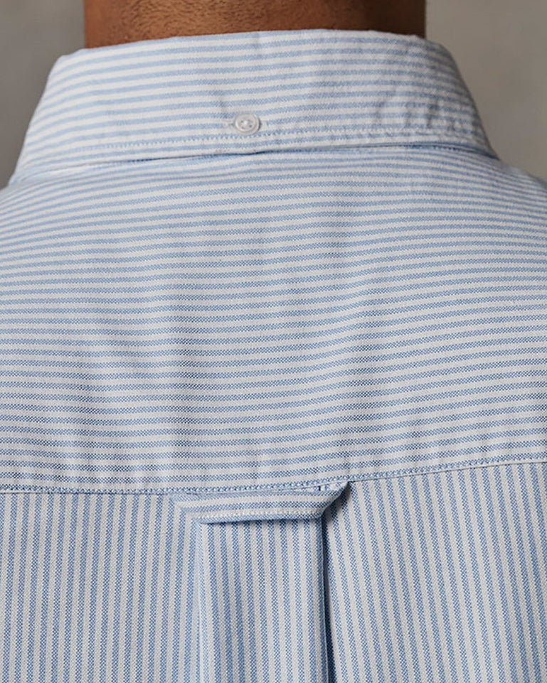 Locker loop detail on casual blue striped men's shirt