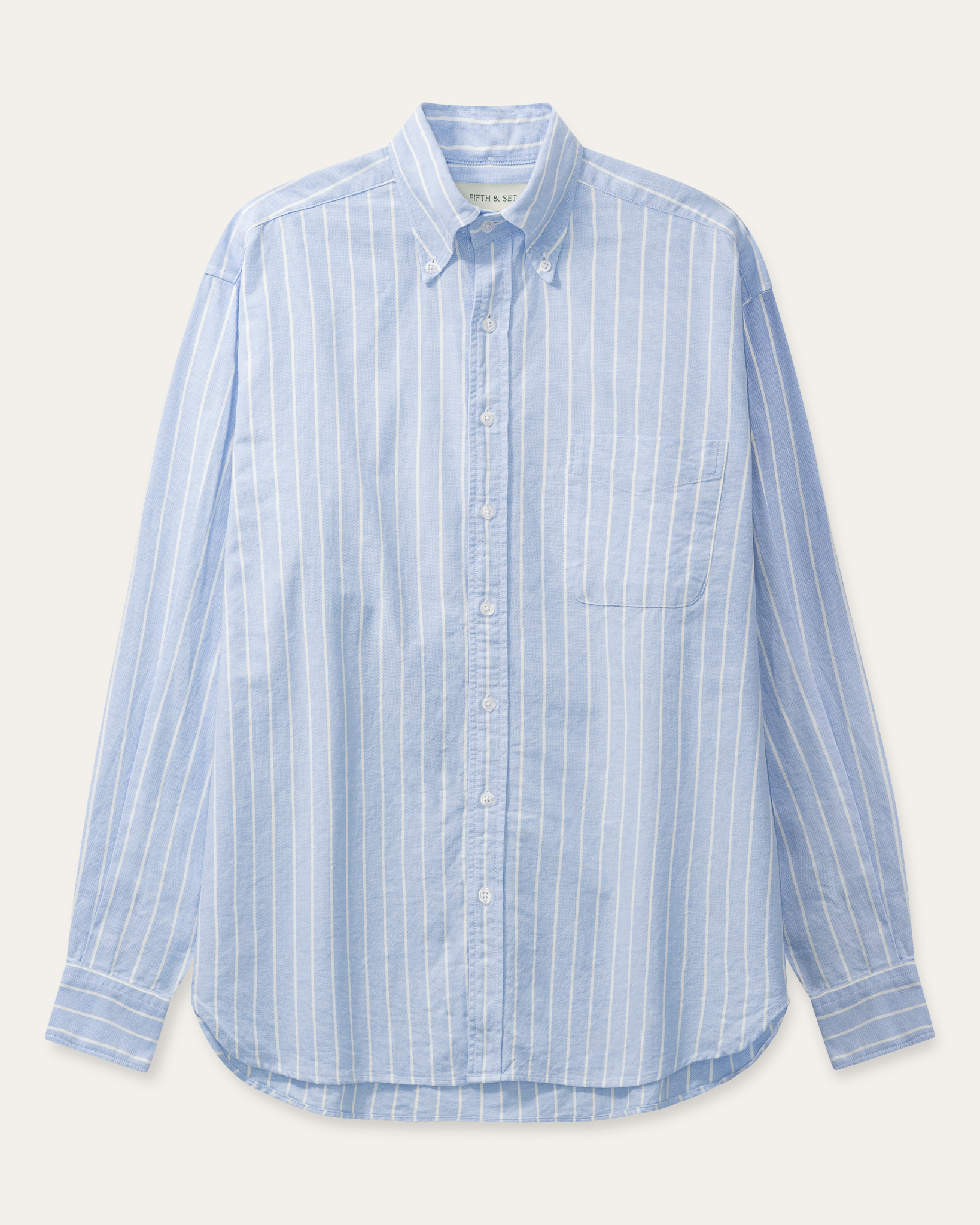 blue and white striped button down oxford shirt