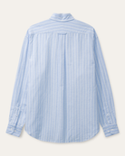 Back view of blue and white striped button down oxford shirt